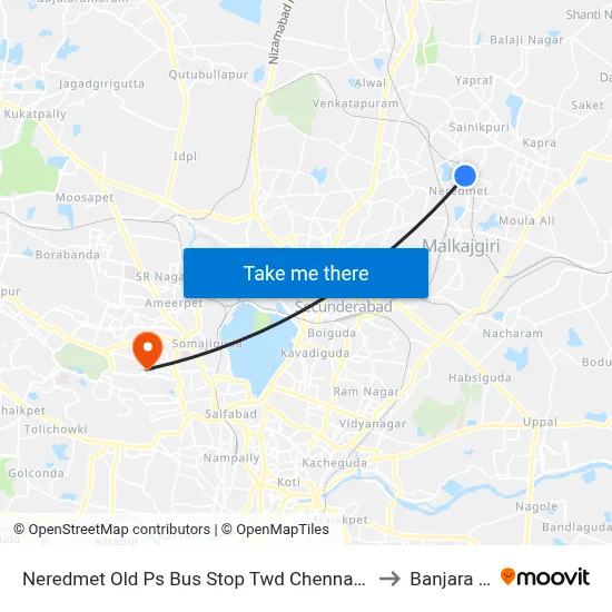 Neredmet Old Ps Bus Stop Twd Chennapur Ntr Statue to Banjara Hills map