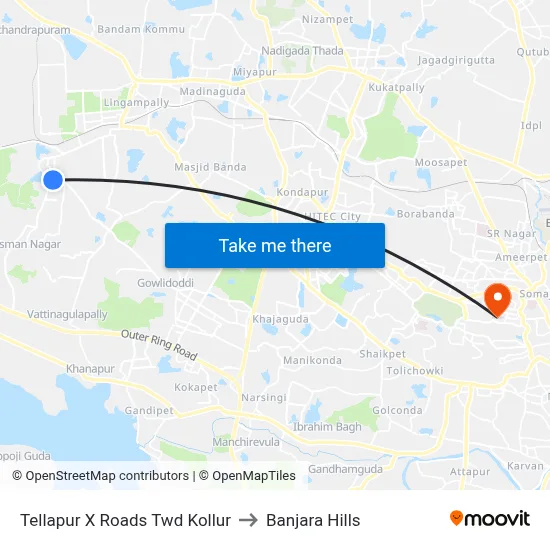 Tellapur X Roads Twd Kollur to Banjara Hills map