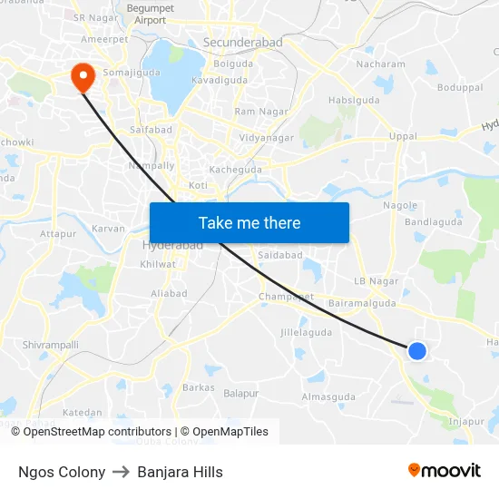 Ngos Colony Bus Stop to Banjara Hills map