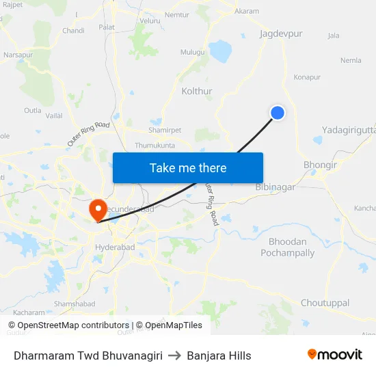 Dharmaram Twd Bhuvanagiri to Banjara Hills map