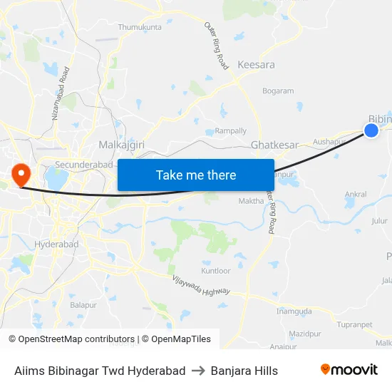 Aiims Bibinagar Twd Hyderabad to Banjara Hills map