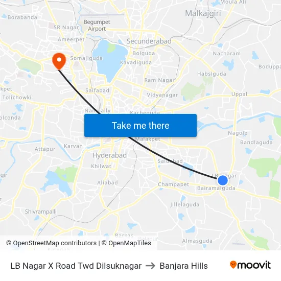 LB Nagar X Road Twd Dilsuknagar to Banjara Hills map