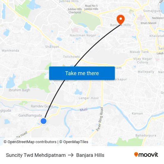Suncity Twd Mehdipatnam to Banjara Hills map