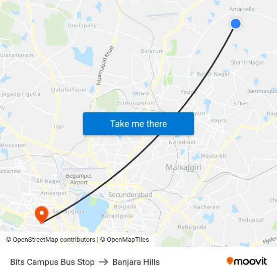 Bits Campus Bus Stop to Banjara Hills map
