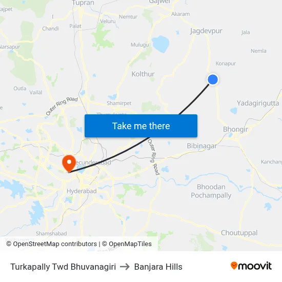 Turkapally Twd Bhuvanagiri to Banjara Hills map