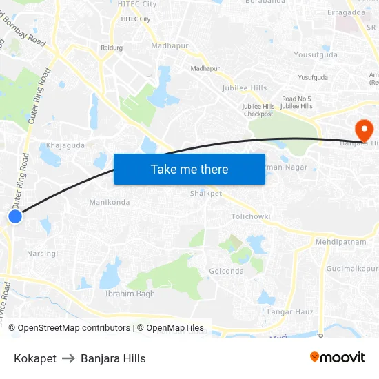 Kokapet to Banjara Hills map