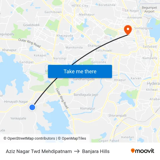 Aziz Nagar Twd Mehdipatnam to Banjara Hills map