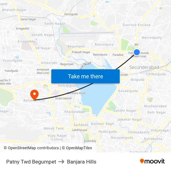 Patny Twd Begumpet to Banjara Hills map