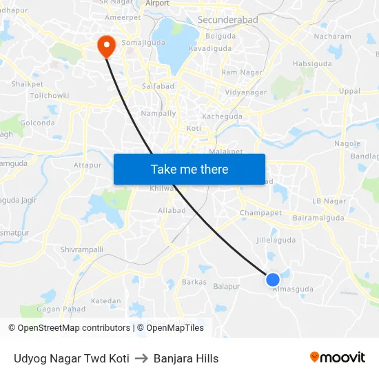 Udyog Nagar Twd Koti to Banjara Hills map