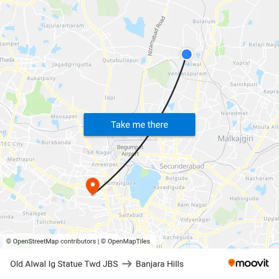 Old Alwal Ig Statue Twd JBS to Banjara Hills map