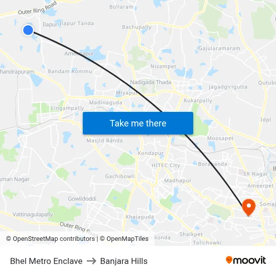Bhel Metro Enclave to Banjara Hills map