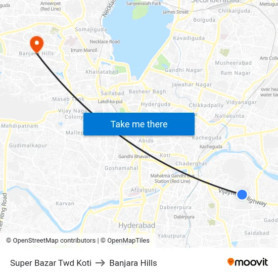 Super Bazar Twd Koti to Banjara Hills map