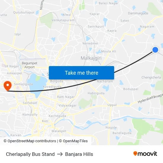 Cherlapally Bus Stand to Banjara Hills map