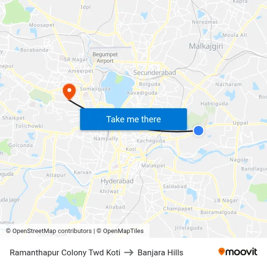 Ramanthapur Colony  Twd Koti to Banjara Hills map