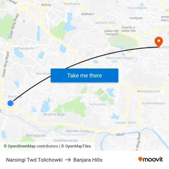 Narsingi Twd Tolichowki to Banjara Hills map