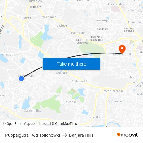 Puppalguda Twd Tolichowki to Banjara Hills map
