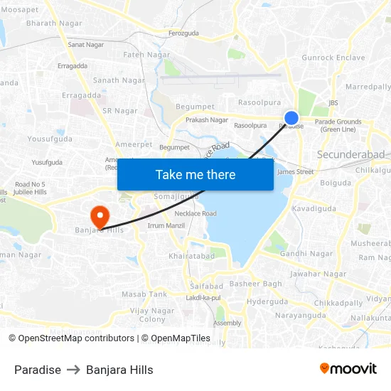 Paradise to Banjara Hills map
