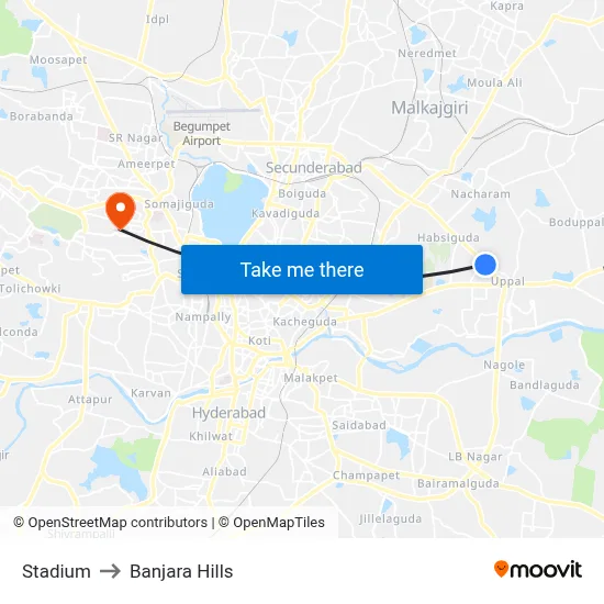 Stadium to Banjara Hills map