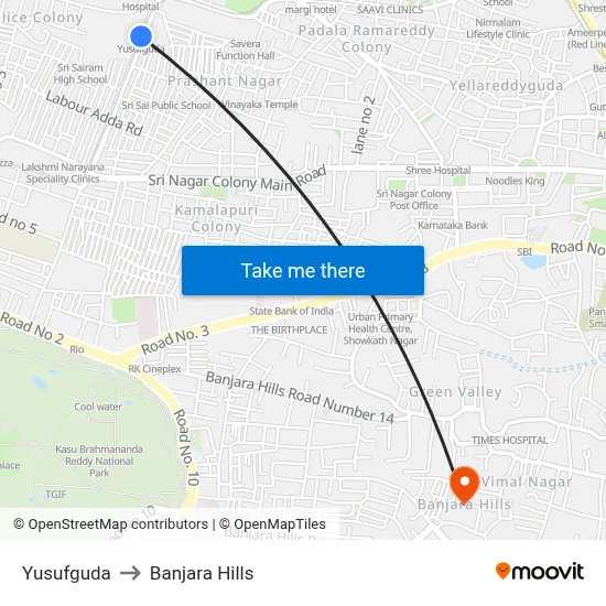 Yusufguda to Banjara Hills map