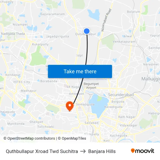 Quthbullapur Xroad Twd Suchitra to Banjara Hills map