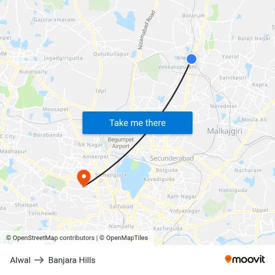Alwal to Banjara Hills map