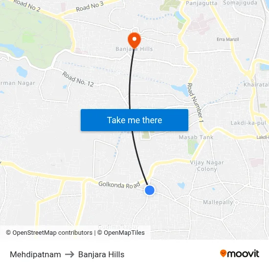 Mehdipatnam to Banjara Hills map