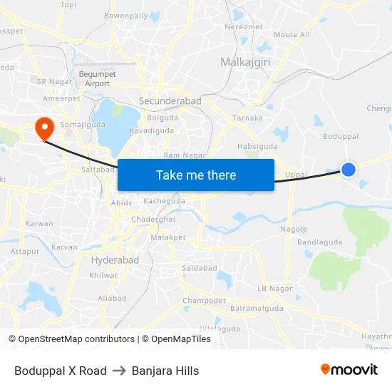 Boduppal X Road to Banjara Hills map