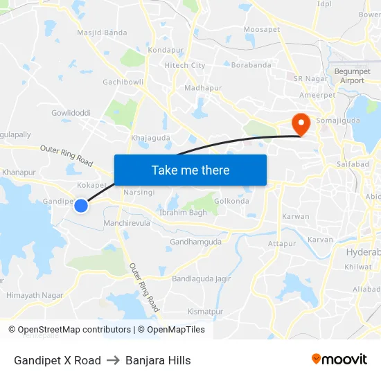 Gandipet X Road to Banjara Hills map
