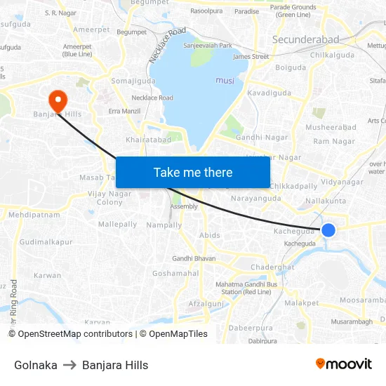 Golnaka to Banjara Hills map