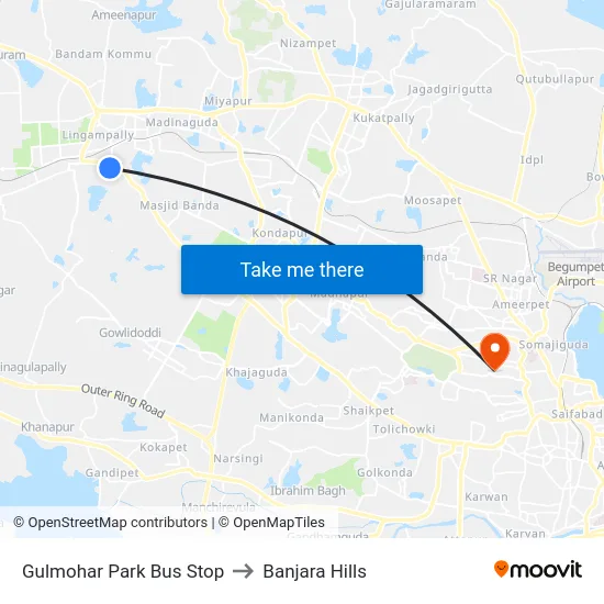 Gulmohar Park Bus Stop to Banjara Hills map