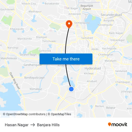 Hasan Nagar to Banjara Hills map