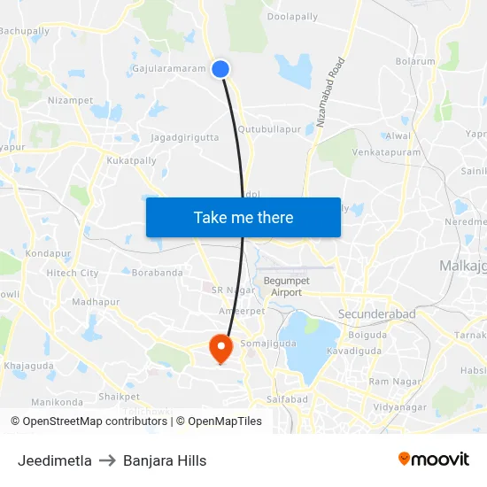 Jeedimetla to Banjara Hills map