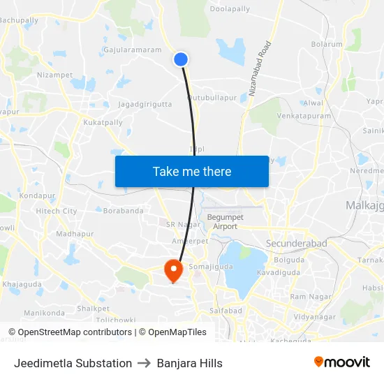 Jeedimetla Substation to Banjara Hills map