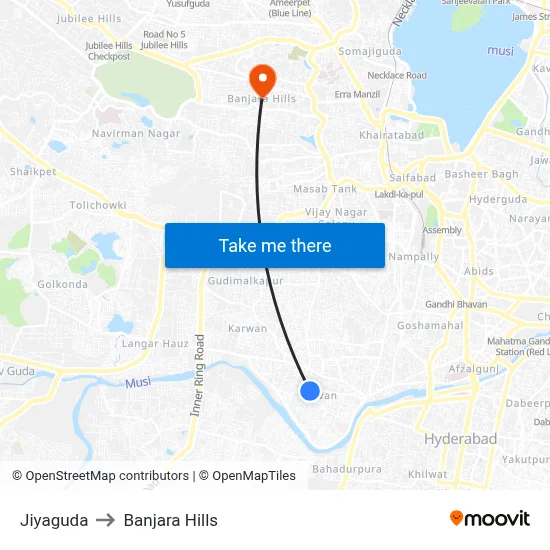 Jiyaguda to Banjara Hills map