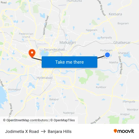Jodimetla X Road to Banjara Hills map
