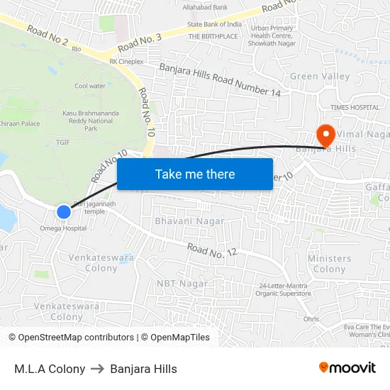 M.L.A Colony to Banjara Hills map