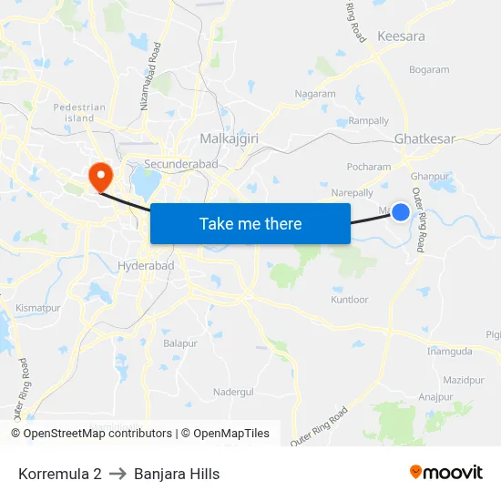 Korremula 2 to Banjara Hills map
