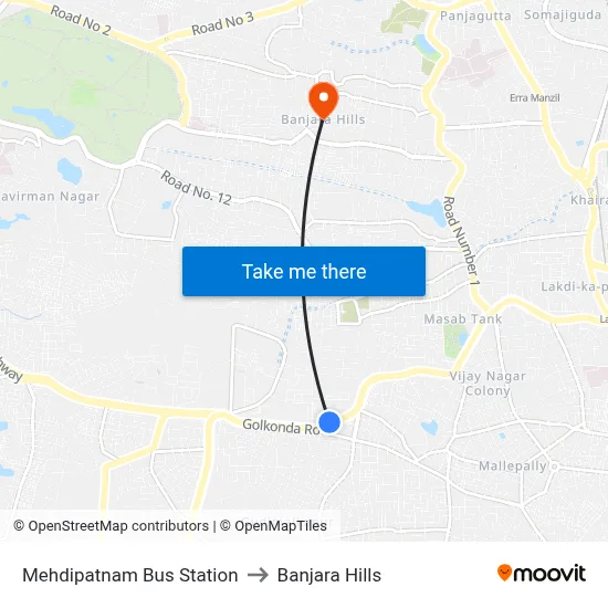 Mehdipatnam Bus Station to Banjara Hills map