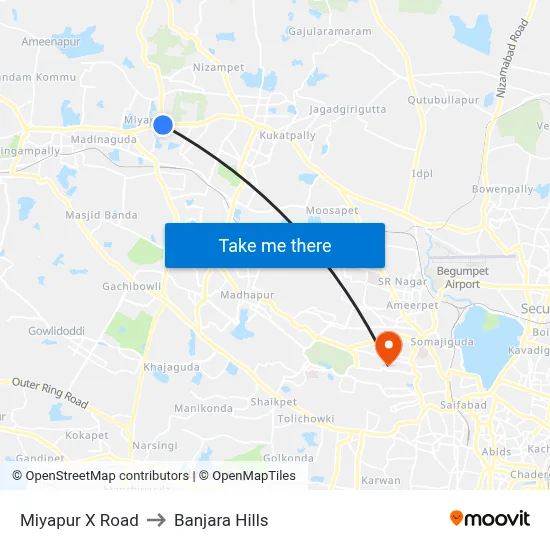 Miyapur X Road to Banjara Hills map
