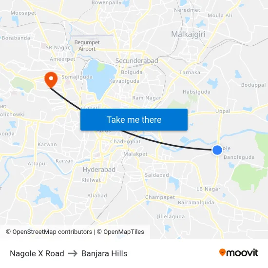 Nagole X Road to Banjara Hills map
