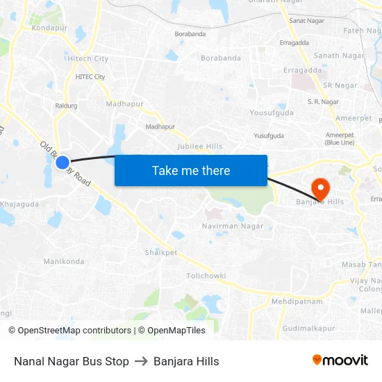 Nanal Nagar Bus Stop to Banjara Hills map