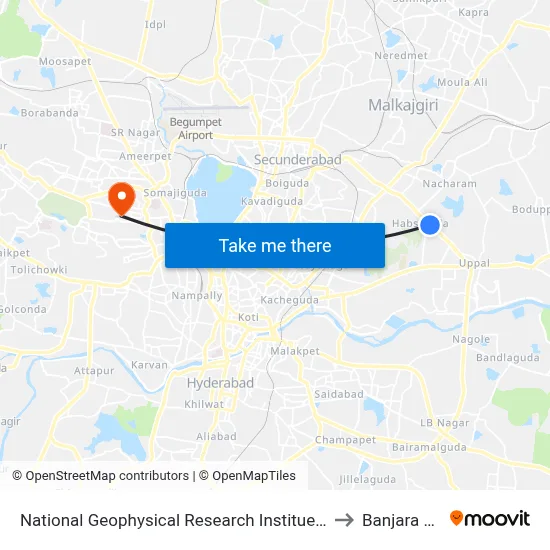 National Geophysical Research Institue (N.G.R.I) to Banjara Hills map