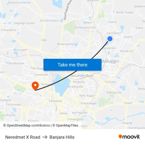 Neredmet X Road to Banjara Hills map