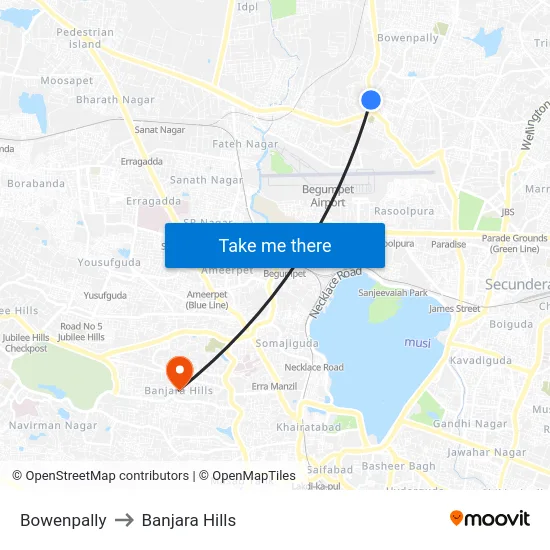 Bowenpally to Banjara Hills map