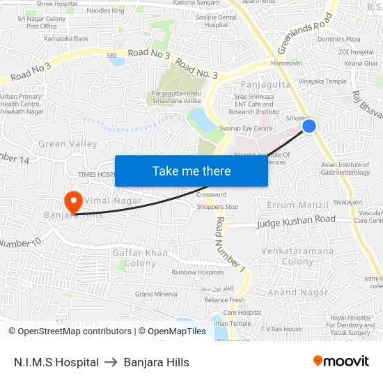 N.I.M.S Hospital to Banjara Hills map