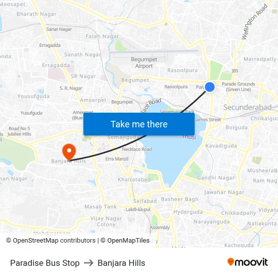 Paradise Bus Stop to Banjara Hills map