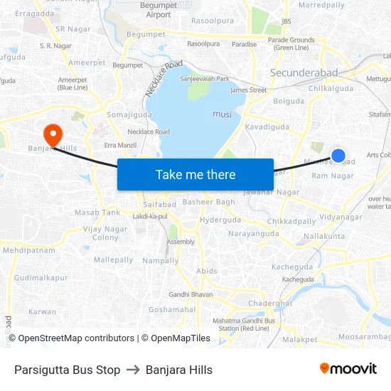 Parsigutta Bus Stop to Banjara Hills map