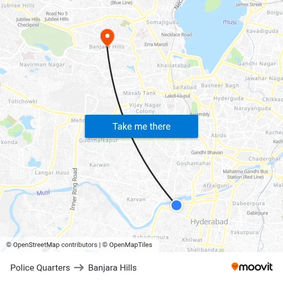 Police Quarters to Banjara Hills map