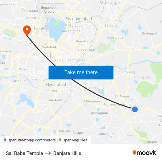 Sai Baba Temple to Banjara Hills map