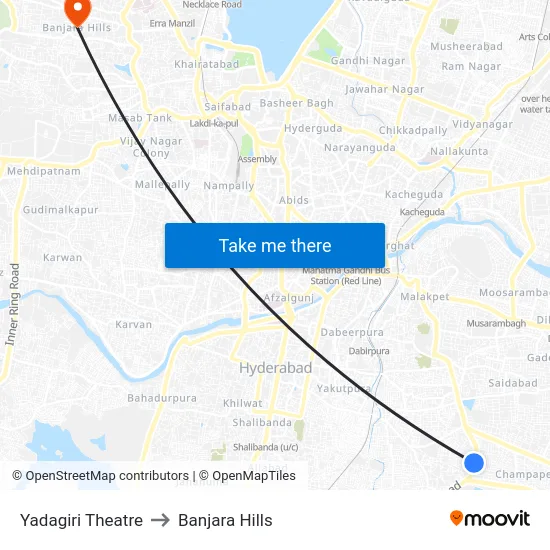 Yadagiri Theatre to Banjara Hills map